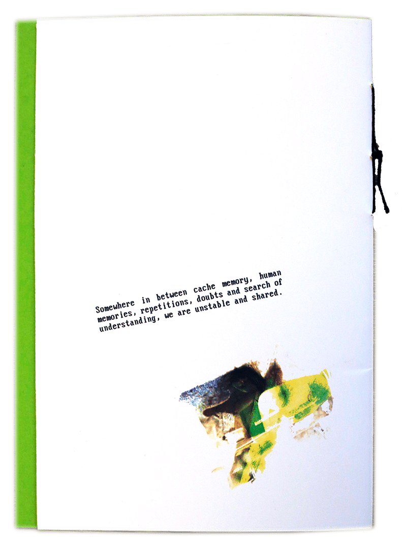 A white backcover of a zine with a colourful abstract
image and text.