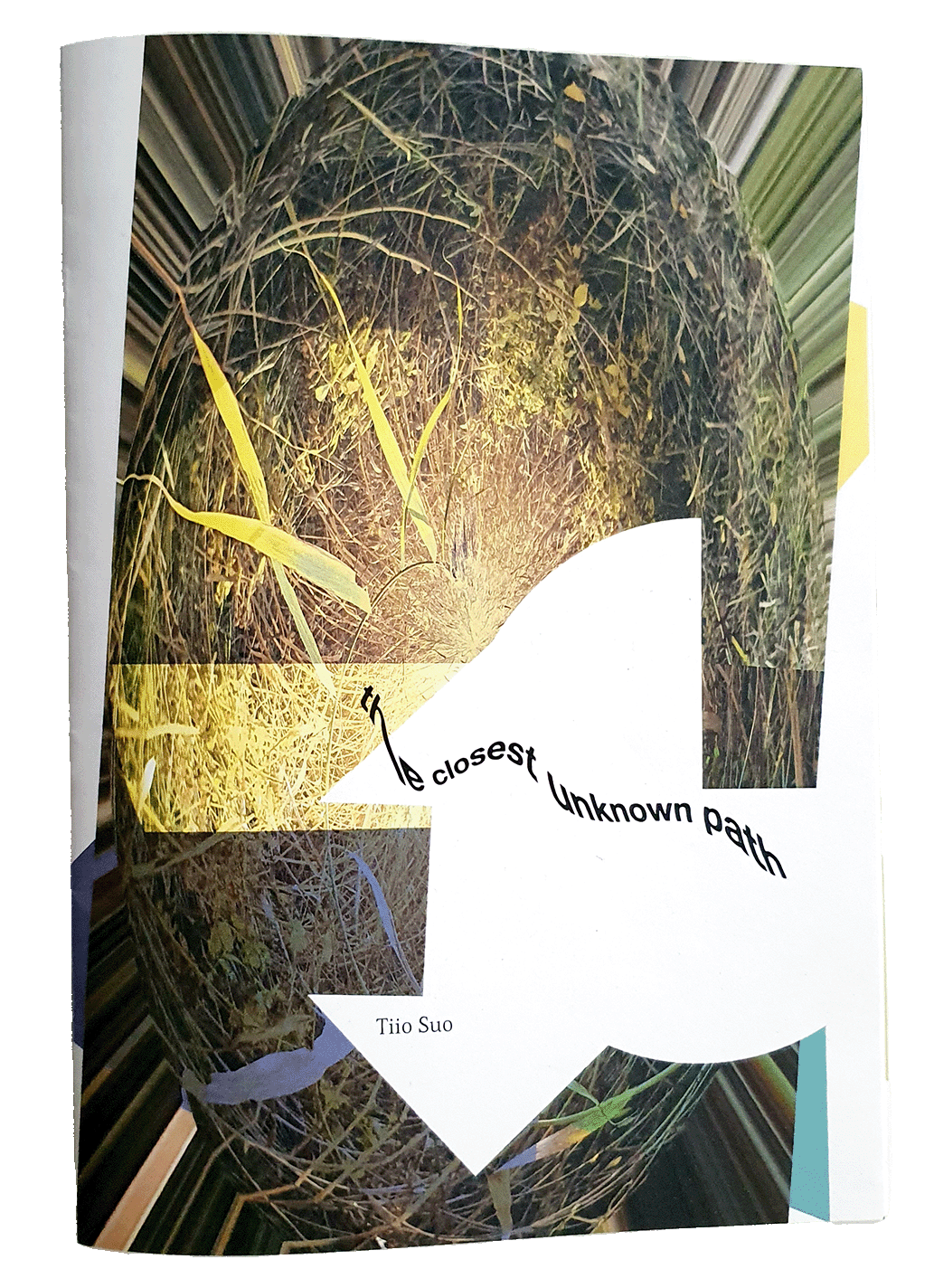 A white cover of a zine with undefined plants and digital distortion.
